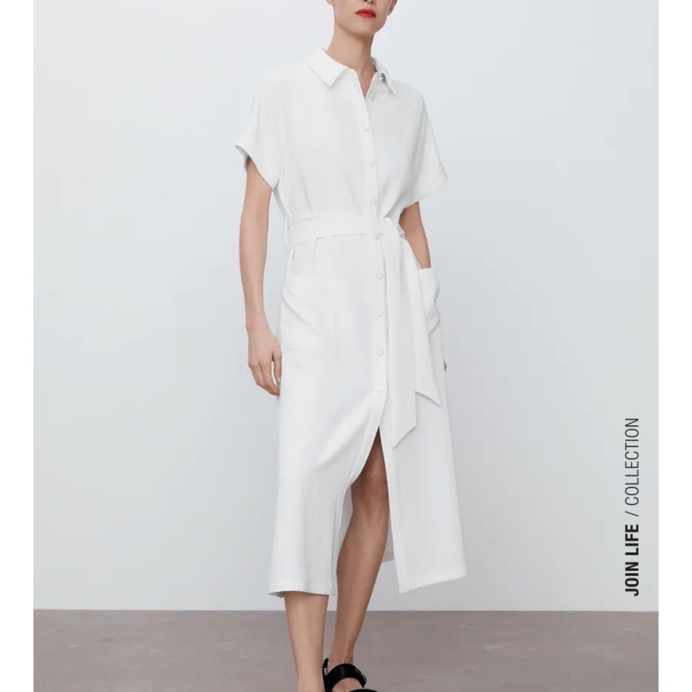White MIDI button up dress with wrap tie